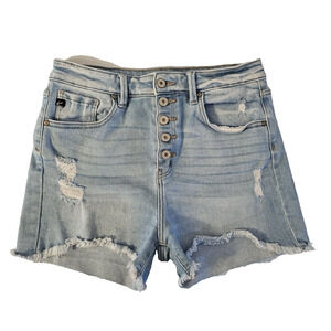 Kancan High Rise Mom Shorts Womens 30 Distressed Light Wash‎ Button Fly Denim